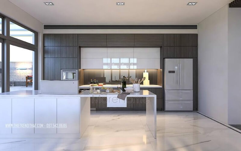 Tủ bếp đẹp, sang trọng từ gỗ công nghiệp An Cường cùng đá ốp nhân tạo cao cấp đã tạo nên vẻ đẹp hiện đại, độc đáo cho phòng bếp. Tủ bếp đẹp, tủ bếp đẹp hiện đại, tủ bếp An Cường, tủ bếp cao cấp