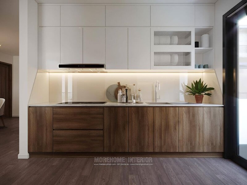 Tủ bếp làm từ nhựa acrylic tone màu trắng, thiết kế kịch trần, nhiều ngăn tạo thành khu vực chứa đồ lớn cho căn bếp. Thiết kế phòng bếp, tủ bếp đẹp