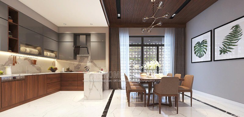 Trang trí nội thất phòng bếp liền phòng ăn đẹp, hiện đại, tinh tế cho biệt thự, nhà phố tại Vinh, Nghệ An. Thiết kế phòng bếp, tủ bếp đẹp