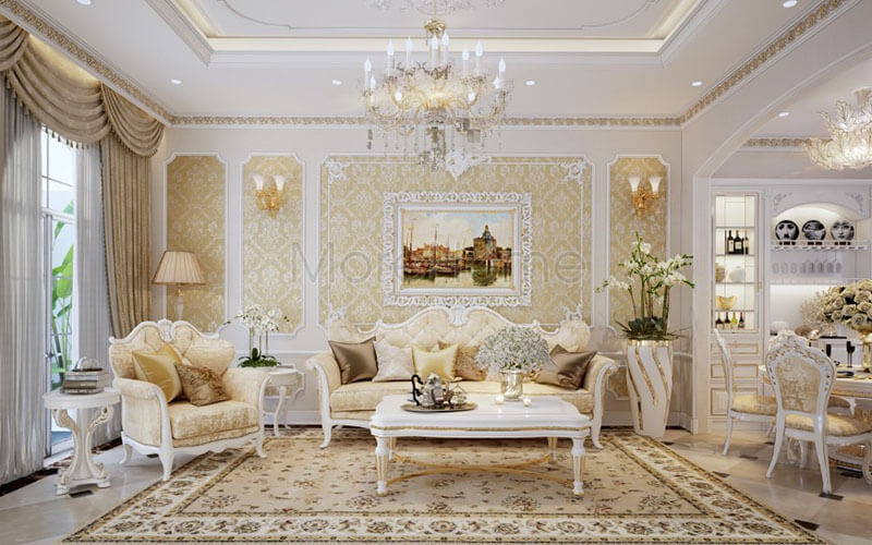 Bố trí nội thất phòng khách theo phong cách tân cổ điển tạo nên một không gian ngôi nhà hết sức tinh tế và không kém phần sang trọng Thiết kế khách chung cư