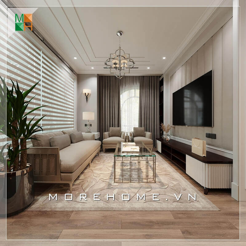 Morehome gợi ý cho bạn mẫu thiết kế nội thất phòng khách chung cư, nhà phố tiện nghi và sang trọng mang phong cách tân cổ điển. Thiết kế khách chung cư