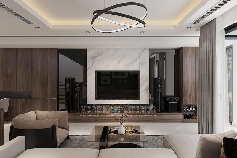 Trang trí phòng khách hiện đại đẹp ấn tượng với đá nhân tạo cao cấp điểm nhấn Thiết kế nội thất chung cư