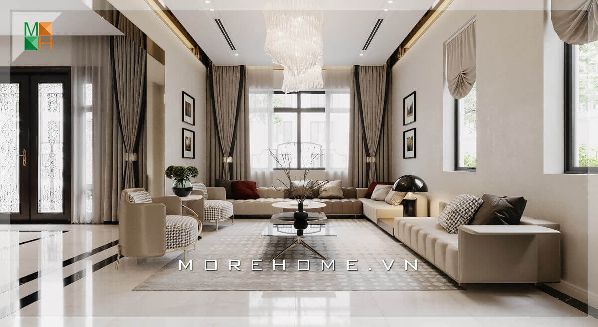 Mẫu ghế sofa phòng khách rất tinh tế và bố trí khoa học nâng tầm sang trọng cho không gian nơi đây. Mẫu nội thất biệt thự đẹp