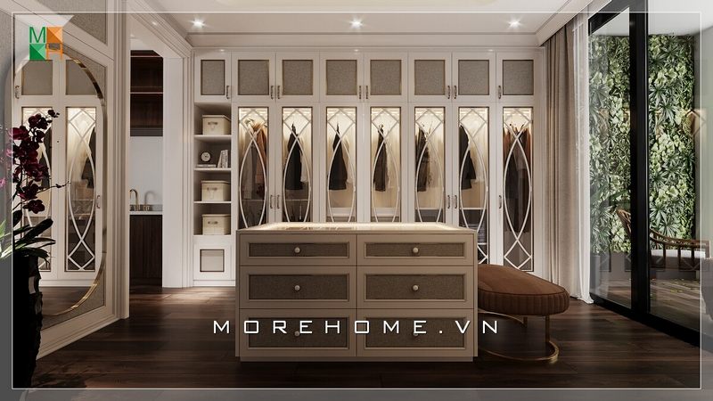 Ấn tượng mẫu thiết kế nội thất phòng thay đồ tân cổ điển dành cho nhà phố, biệt thự rất sang trọng và tiện nghi.