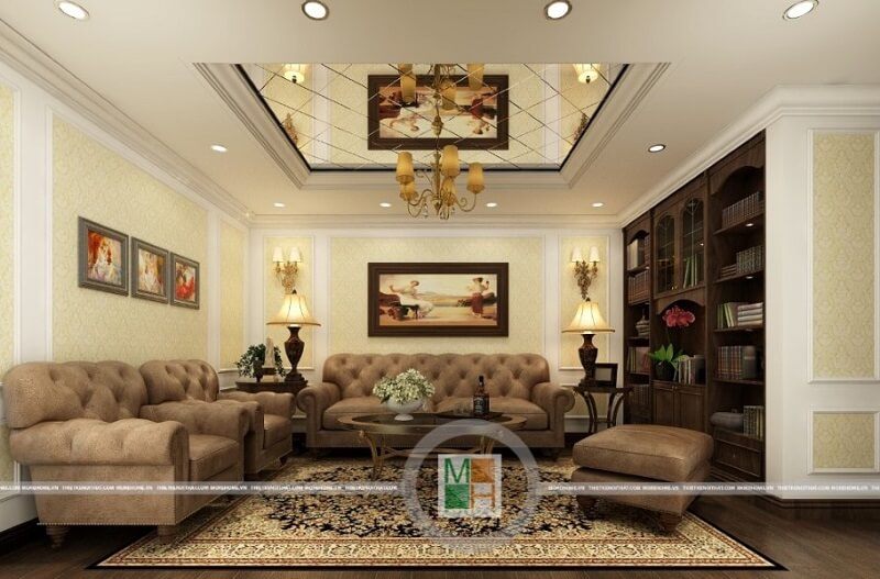 Bộ sofa bọc nỉ cao cấp màu nâu tây tạo điểm nhấn nổi bật cho không gian phòng khách.