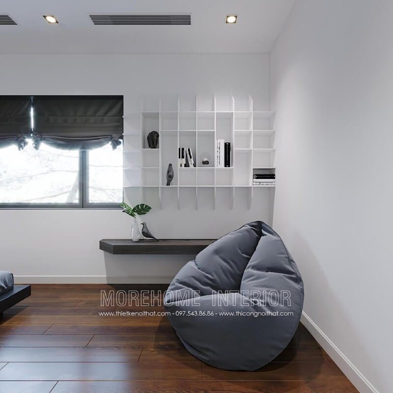 Kệ trang trí mở sơn trắng tạo nét đẹp độc đáo cho phòng ngủ hiện đại.