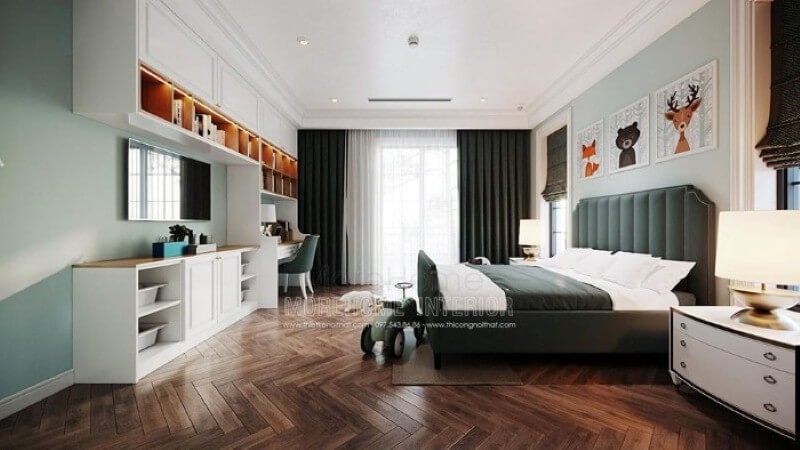 Bàn học liền kệ tivi, kệ trang trí đẹp cho phòng bé trai