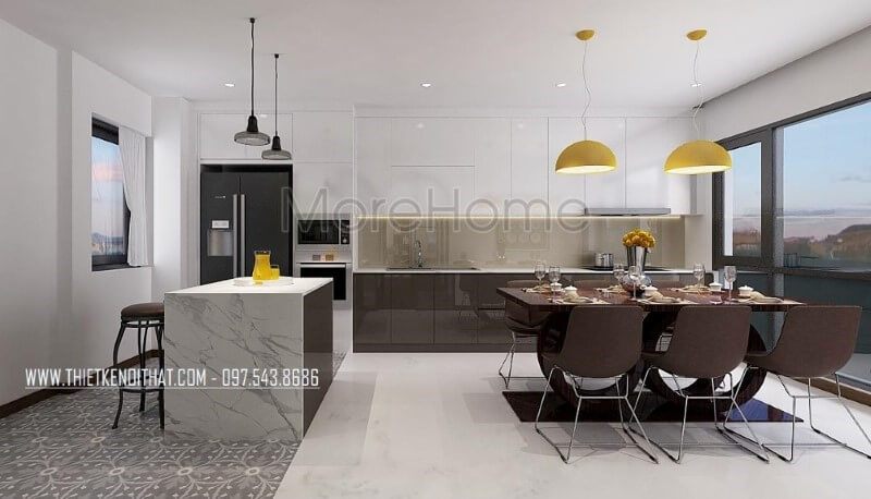Thiết kế phòng ăn lồng phòng bếp hiện đại tạo nên không gian vừa đẹp vừa tiện nghi vừa sang trọng.