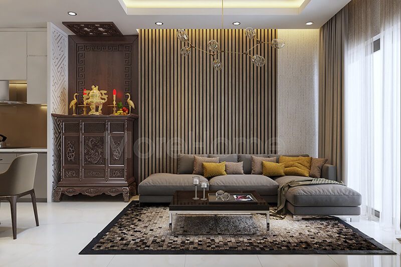 Mẫu tủ thờ gỗ tự nhiên với kiểu dáng hiện đại, các đường nét hoa văn được cách tân, đơn giản nhưng không mất đi hoa văn truyền thống.