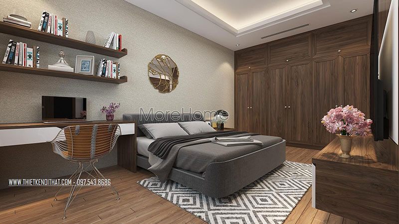 Mẫu giường ngủ gỗ bọc nỉ hiện đại với tâm màu xám nổi bật tạo sự ấm cúng và thư giản