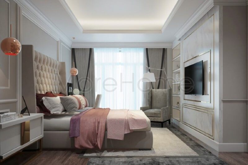 .
Sự đồng bộ và liền mạch của tone màu trắng được sử dụng trong thiết kế phòng ngủ chung cư giúp tạo nên một phong cách tân cổ điển rõ ràng.