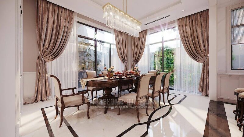 Phòng ăn được trang trí đẹp với bộ bàn ghế ăn gỗ nhập khẩu cao cấp.